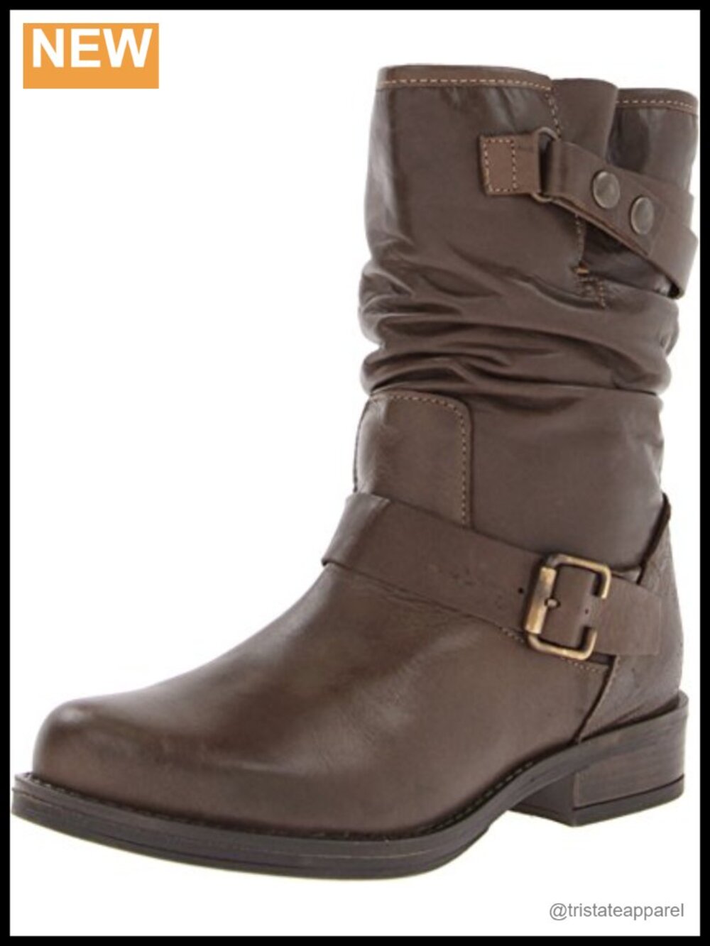 Leather Moto Bootie with Harness Straps and Stacked Heel